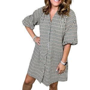 NEW THML Striped & Dot Textured Dress Fall Core Shift Puffed Sleeve Medium $118